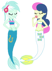 Size: 429x584 | Tagged: safe, artist:ocean lover, artist:selenaede, imported from derpibooru, bon bon, lyra heartstrings, sweetie drops, human, mermaid, equestria girls, bandeau, bare midriff, bare shoulders, base, beautiful, belly, belly button, bikini, bikini top, candy, clothes, cutie mark, duo, duo female, eating, eyes closed, female, fins, fish tail, food, hairpin, hand on hip, lesbian, lollipop, lyra heartstrings swimsuit, lyrabon, mermaid tail, mermaidized, mermay, midriff, ms paint, shipping, simple background, smiling, species swap, swimsuit, tail, tail fin, two toned hair, white background