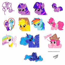 Size: 2500x2500 | Tagged: safe, artist:mixermike622, imported from derpibooru, applejack, pinkie pie, princess celestia, princess luna, rainbow dash, twilight sparkle, alicorn, earth pony, pegasus, pony, unicorn, beady eyes, female, hat, heart, horn, lesbian, mare, paper hat, shipping, simple background, sleeping, twidash, unicorn twilight, white background, yarrr