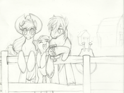 Size: 1692x1264 | Tagged: safe, imported from derpibooru, apple bloom, applejack, big macintosh, applejack's hat, barn, bipedal, bipedal leaning, black and white, bow, building, cowboy hat, eyes closed, female, fence, freckles, grayscale, hair bow, hat, leaning, looking at someone, male, mare, monochrome, open mouth, outdoors, pencil drawing, stallion, sweet apple acres, traditional art, trio, unshorn fetlocks