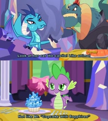 Size: 800x900 | Tagged: safe, edit, edited screencap, editor:zariots, imported from derpibooru, screencap, dragon lord torch, princess ember, spike, dragon, castle, concerned, cupcake, eating, food, hand on hip, meme, silverware, text edit