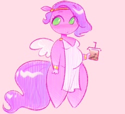 Size: 1186x1075 | Tagged: safe, artist:shgrcube_art, imported from derpibooru, pipp petals, anthro, pegasus, bubble tea, chubby, drink, female, g5, pink background, simple background, solo