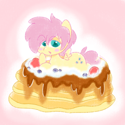 Size: 1000x1000 | Tagged: safe, artist:cozyinbutters, imported from derpibooru, fluttershy, pegasus, pony, :3, blueberry, blushing, butterscotch, cute, femboy, flutterboye, food, looking at you, male, pancakes, rule 63, shyabetes, solo, strawberry, syrup, whipped cream