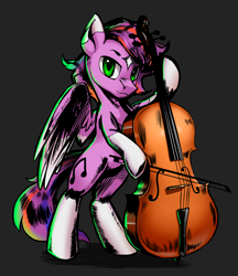 Size: 3595x4161 | Tagged: safe, artist:blazingstred, imported from derpibooru, oc, oc only, pegasus, pony, bipedal, bow (instrument), cello, cello bow, coat markings, facial markings, gray background, musical instrument, playing instrument, simple background, star (coat marking)