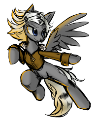Size: 2848x3508 | Tagged: safe, artist:blazingstred, imported from derpibooru, oc, oc only, pegasus, pony, action pose, clothes, female, jacket, mare, smiling, solo, spread wings, wings