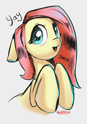 Size: 2480x3508 | Tagged: safe, artist:blazingstred, imported from derpibooru, fluttershy, earth pony, pony, earth pony fluttershy, female, mare, race swap, simple background, solo, white background, yay
