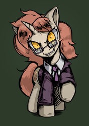 Size: 2480x3508 | Tagged: safe, artist:blazingstred, imported from derpibooru, oc, oc only, pony, unicorn, broken glasses, clothes, glasses, green background, horn, looking at you, manic grin, necktie, shrunken pupils, simple background, suit