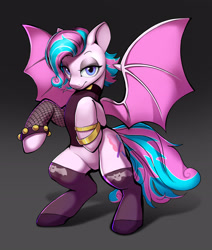 Size: 2480x2927 | Tagged: safe, artist:blazingstred, imported from derpibooru, oc, oc only, oc:sweetie swirl, bat pony, pony, bipedal, bracelet, choker, claws, clothes, commission, femboy, fishnet clothing, gradient background, gray background, high res, jewelry, lidded eyes, looking at you, male, simple background, socks, spread wings, stallion, stockings, thigh highs, wing claws, wings, ych result