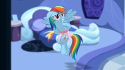 Size: 1920x1080 | Tagged: safe, artist:twilights-secret, imported from derpibooru, rainbow dash, pegasus, pony, 2014, bed, cute, cutie mark, dashabetes, diaper, diaper fetish, embarrassed, female, fetish, flying, grin, indoors, mare, nervous, nervous grin, non-baby in diaper, pillow, rainbow dash's bedroom, rainbow dash's house, room, show accurate, smiling, solo, wings