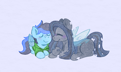 Size: 1080x650 | Tagged: safe, artist:blex, derpibooru exclusive, imported from derpibooru, oc, oc only, oc:carnifex, oc:cobalt chaser, changeling, pegasus, pony, blush scribble, blushing, changeling oc, changeling wings, clothes, colored, colored blushing, colored lineart, commission, crossed hooves, duo, duo male and female, eyes closed, female, folded wings, full body, hatching (technique), holes in wings, hoodie, light blue background, long mane, lying down, male, pegasus oc, prone, purple blush, signature, simple background, smiling, snuggling, textured background, two toned mane, wings
