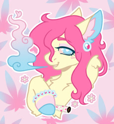 Size: 1280x1393 | Tagged: safe, alternate version, artist:kazmuun, imported from derpibooru, oc, pegasus, pony, alternate character, bust, drugs, female, mare, marijuana, portrait, solo