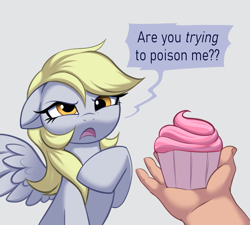 Size: 1201x1080 | Tagged: safe, artist:confetticakez, imported from derpibooru, derpy hooves, human, pegasus, pony, cupcake, derpy hooves is not amused, dialogue, disembodied hand, disgusted, do not want, female, food, gray background, hand, heresy, mare, meme, offended, offscreen character, offscreen human, poison, prank, pure unfiltered evil, simple background, solo, speech bubble, unamused