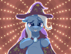 Size: 640x480 | Tagged: safe, imported from derpibooru, trixie, pony, unicorn, animated, female, gem, gif, hat, horn, lights, mare, smiling, solo, stars, teeth