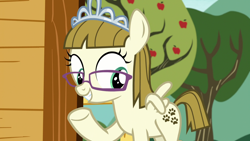 Size: 1920x1080 | Tagged: safe, imported from derpibooru, screencap, zippoorwhill, pegasus, pony, forever filly, season 7, apple, apple tree, clubhouse, crusaders clubhouse, feather fingers, female, filly, foal, food, glasses, grin, jewelry, looking back, middle feather, middle finger, my little pony, raised hoof, smiling, tail, tiara, tree, vulgar, wing hands, wings