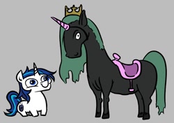 Size: 924x650 | Tagged: safe, artist:jargon scott, imported from derpibooru, princess cadance, queen chrysalis, shining armor, changeling, changeling queen, pony, unicorn, crown, duo, duo male and female, fake cadance, fake horn, female, gray background, hoers, horn, jewelry, male, paper-thin disguise, regalia, saddle, shining armor is a goddamn moron, simple background, squatpony, stallion, tack