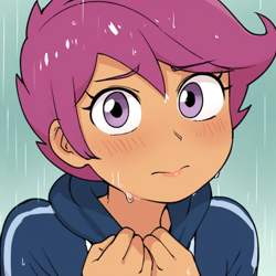 Size: 1056x1056 | Tagged: safe, scootaloo, human, equestria girls, /jdb/, ai generated, blushing, humanized, looking at you, rain, solo