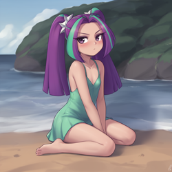 Size: 1024x1024 | Tagged: safe, aria blaze, human, /jdb/, ai generated, beach, blushing, clothes, dress, humanized, sitting, solo
