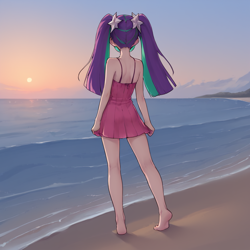 Size: 1024x1024 | Tagged: safe, aria blaze, human, /jdb/, ai generated, beach, clothes, dress, facing away, humanized, solo, sunset