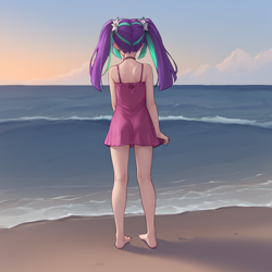 Size: 1024x1024 | Tagged: safe, aria blaze, human, /jdb/, ai generated, beach, clothes, dress, facing away, humanized, solo