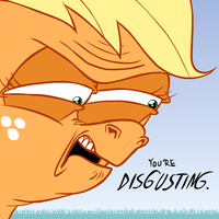 Size: 200x200 | Tagged: safe, artist:hotdiggedydemon, imported from derpibooru, applejack, earth pony, pony, female, lowres, mare, open mouth, reaction image, solo, teeth, text