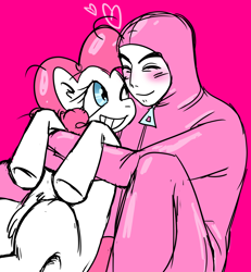 Size: 1774x1920 | Tagged: safe, artist:9-444, imported from derpibooru, pinkie pie, earth pony, human, pony, crossover, female, filthy frank, holding a pony, hug, human male, male, mare, pink guy, smiling