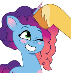 Size: 1209x1237 | Tagged: safe, artist:prixy05, imported from derpibooru, hitch trailblazer, pony, unicorn, blushing, duo, duo male and female, female, g5, head pat, horn, male, mare, misty brightdawn, mistytrail, my little pony: tell your tale, offscreen character, pat, rebirth misty, shipping, simple background, stallion, straight, transparent background, vector