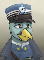 Size: 624x840 | Tagged: safe, artist:notoriousnostalgia, imported from derpibooru, oc, oc only, oc:armando albia, griffon, equestria at war mod, beak, bust, clothes, digital art, facial hair, general, gradient background, griffon oc, hat, jacket, male, male oc, military, military uniform, moustache, new characters for equestria at war, new characters for equestria at war mod, peaked cap, portrait, shirt, shirt with a collar, solo, uniform, uniform hat