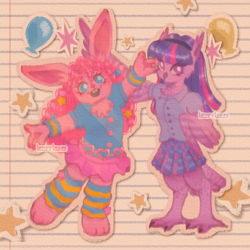 Size: 1500x1500 | Tagged: safe, artist:lompyloops, imported from derpibooru, pinkie pie, twilight sparkle, anthro, bird, owl, rabbit, animal, clothes, duo, female, hairband, skirt, species swap