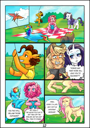 Size: 1059x1500 | Tagged: safe, artist:pink-pony-friend, imported from derpibooru, applejack, cheese sandwich, flam, flim, fluttershy, pinkie pie, rainbow dash, rarity, earth pony, pegasus, pony, unicorn, comic:ponyville wedding, brothers, comic, cupcake, dialogue, eating, female, flim flam brothers, food, forbes, horn, juice, juice box, kite, magazine, male, mare, messy eating, panting, picnic, picnic blanket, reading, running, siblings, sitting, speech bubble, stallion