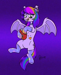 Size: 1080x1343 | Tagged: safe, artist:fimflamfilosophy, imported from derpibooru, oc, oc only, oc:lullaby, bat pony, pony, blunt, chips, choker, claws, clothes, doritos, drug use, drugs, ear piercing, earring, eating, fangs, flying, food, gradient background, jewelry, marijuana, piercing, smoking, socks, spread wings, wing claws, wings