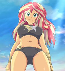Size: 3200x3500 | Tagged: safe, artist:baron engel, artist:sumin6301, imported from derpibooru, sunset shimmer, human, equestria girls, 2d, belly, belly button, breasts, clothes, cloud, crepuscular rays, cutie mark, cutie mark on clothes, day, female, gold, legs, looking at you, looking down, looking down at you, low angle, midriff, outdoors, sleeveless, smiling, smiling at you, solo, wrist cuffs