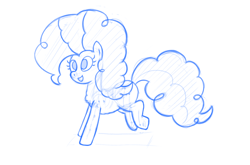 Size: 1966x1295 | Tagged: safe, artist:aika67, imported from derpibooru, pinkie pie, earth pony, pony, big eyes, blue lines, cheerful, construction lines, curly hair, cute, digital sketch, dynamic pose, exaggerated mane, excited, eyelashes, female, fluffy mane, fluffy tail, happy, lifted leg, mare, mid-step, monochrome, my little pony, open mouth, simple background, sketch, sketchy style, smiling, solo, tail, thick tail, underdrawing, walking, wip