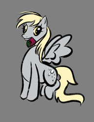 Size: 626x812 | Tagged: safe, imported from derpibooru, derpy hooves, pegasus, pony, derpy being derpy, eating, female, gray background, grenade, mare, open mouth, simple background, solo, spread wings, wings