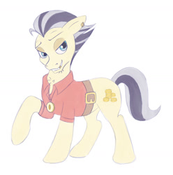 Size: 1827x1844 | Tagged: safe, artist:ladykimba, imported from derpibooru, street rat, earth pony, pony, belt, clothes, doodle, ear piercing, earring, gold tooth, jewelry, lidded eyes, male, necklace, piercing, raised hoof, shirt, simple background, smiling, smirk, solo, stallion, white background