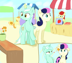 Size: 2264x2000 | Tagged: safe, artist:kamagi, imported from derpibooru, bon bon, lyra heartstrings, strawberry sunrise, earth pony, pony, unicorn, 2 panel comic, comic, female, flower, flower in hair, food, horn, lesbian, lyrabon, market, shipping, standing, strawberry