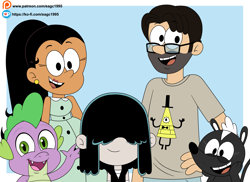 Size: 4019x2922 | Tagged: safe, artist:eagc7, imported from derpibooru, spike, oc, dragon, human, skunk, antoinette the skunk, bill cipher, carlota casagrande, commission, crossover, female, gravity falls, ko-fi, lucy loud, male, patreon, the casagrandes, the loud house, waving, waving at you