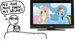 Size: 663x362 | Tagged: safe, imported from derpibooru, fluttershy, rainbow dash, pegasus, pony, female, mare, secret, simple background, tail, television, text, thought bubble, white background