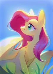 Size: 1080x1509 | Tagged: safe, artist:dreamsugar, imported from derpibooru, fluttershy, pegasus, pony, chest fluff, female, grass, mare, sky, smiling, solo
