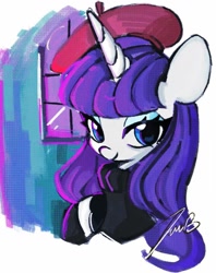 Size: 813x1024 | Tagged: safe, artist:tieb5, imported from derpibooru, rarity, upper crust, pony, unicorn, beret, clothes, female, hat, horn, looking at you, mare, signature, simple background, smiling, solo, sweater, white background, window