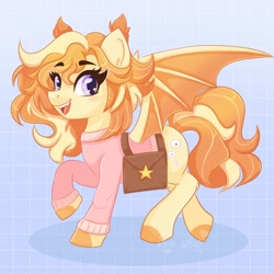 Size: 2048x2048 | Tagged: safe, artist:kuro, imported from derpibooru, oc, oc:postie, bat pony, pony, bag, clothes, female, mare, saddle bag, solo, sweater