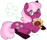 Size: 1080x921 | Tagged: safe, artist:kibblemaniac, imported from derpibooru, cheerilee, earth pony, pony, aside glance, blush scribble, blushing, eye clipping through hair, female, flower, full body, looking at you, looking sideways, lying down, mare, on side, sideways glance, signature, simple background, solo, sunflower, three-quarter view, underhoof, unshorn fetlocks, white background, wingding eyes