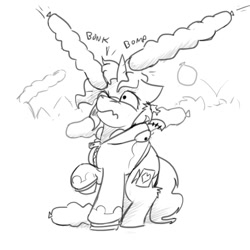 Size: 1500x1500 | Tagged: safe, artist:captainhoers, imported from derpibooru, oc, oc only, oc:candy chip, pony, unicorn, balloon, bonk, clothes, female, gir, gir hoodie, grayscale, hoodie, horn, invader zim, mare, monochrome, one eye closed, onomatopoeia, simple background, solo, trans female, transgender, wavy mouth, white background