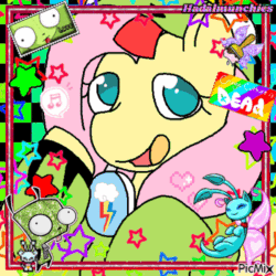 Size: 500x500 | Tagged: safe, edit, imported from derpibooru, fluttershy, pegasus, pony, animated, antonymph, clothes, female, fluttgirshy, gif, gir, headphones, hoodie, invader zim, ms paint, neopets, picmix, pink mane, scenecore, seizure warning, signature, solo, stars, vylet pony, yellow coat