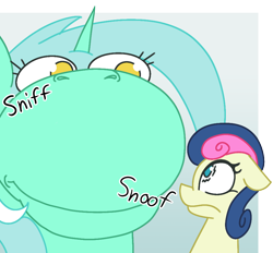 Size: 938x869 | Tagged: safe, artist:starbounce, bon bon, lyra heartstrings, earth pony, unicorn, abstract background, female, floppy ears, g4, gradient background, horn, mare, passepartout, scared, sniffing, snoof, snoofa