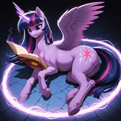 Size: 1280x1280 | Tagged: safe, ai generated, imported from twibooru, twilight sparkle, alicorn, pony, beautiful, book, dark background, female, generator:yiffymix v61, glowing, glowing horn, horn, image, jpeg, magic, magic aura, mare, on side, prompt in description, prompter:derp621, reading, reading a book, solo, solo female, spread wings, telekinesis, twilight sparkle (alicorn), underhoof, wings