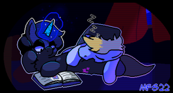 Size: 1036x560 | Tagged: safe, artist:matchesdraco, imported from derpibooru, oc, oc only, oc:match feue, earth pony, pony, unicorn, 2022, book, curtains, duo, earth pony oc, eyes closed, eyeshadow, female, freckles, glowing, glowing horn, horn, indoors, lying down, magic, magic aura, makeup, mare, moonlight, on side, onomatopoeia, reading, signature, sleeping, sound effects, unicorn oc, window, zzz