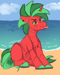 Size: 2000x2500 | Tagged: safe, artist:dereketto, imported from derpibooru, oc, oc only, oc:purple trove, pony, unicorn, :p, beach, cloud, horn, solo, tongue out, water
