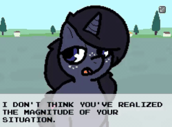 Size: 496x368 | Tagged: safe, artist:matchesdraco, imported from derpibooru, oc, oc only, oc:match feue, pony, unicorn, banned from equestria (daily), animated, dialogue, female, freckles, gif, horn, lidded eyes, looking sideways, mare, open mouth, outdoors, pixel-crisp art, style emulation, talking, tree, unicorn oc
