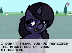 Size: 496x368 | Tagged: safe, alternate version, artist:matchesdraco, imported from derpibooru, oc, oc only, oc:match feue, pony, unicorn, banned from equestria (daily), animated, dialogue, female, freckles, gif, horn, lidded eyes, looking sideways, mare, open mouth, outdoors, pixel-crisp art, shading, style emulation, talking, tree, unicorn oc