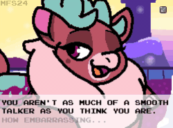 Size: 1240x920 | Tagged: safe, artist:matchesdraco, imported from derpibooru, deer, reindeer, banned from equestria (daily), them's fightin' herds, animated, beauty mark, community related, dialogue, female, gif, neck fluff, one eye closed, open mouth, open smile, outdoors, pixel-crisp art, pomfy (tfh), reine city, reine ramparts, smiling, solo, style emulation, talking, talking to viewer, wink