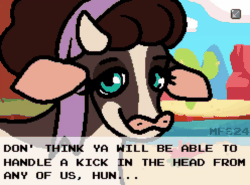 Size: 1240x920 | Tagged: safe, artist:matchesdraco, imported from derpibooru, minnesota (tfh), cow, banned from equestria (daily), them's fightin' herds, animated, cactus, community related, dialogue, gif, horns, looking at you, open mouth, outdoors, pixel-crisp art, solo, style emulation, talking, talking to viewer